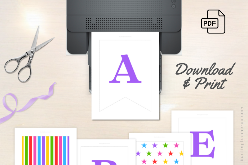Bunting printable sheets with purple letters and fun festive colorful patterns ready to download, print and assemble.