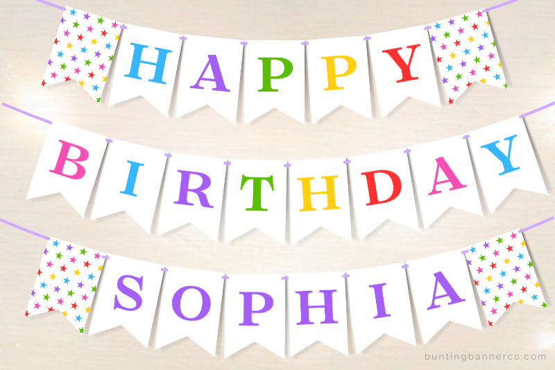 Rainbow themed happy birthday personalized party decoration banner with stars and multicolored letter flags.