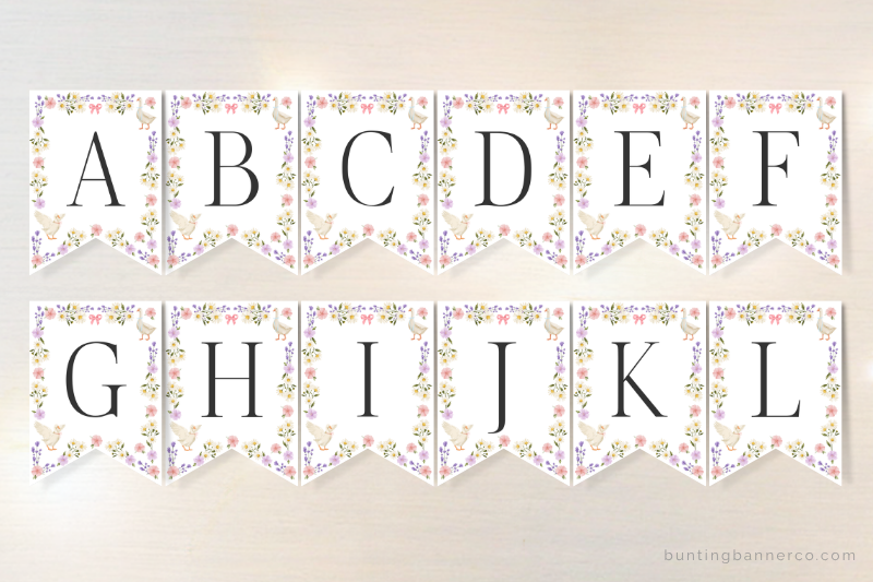 Alphabet bunting flags with black serif font and geese with floral border for baby shower banner personalization.