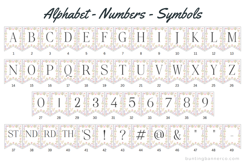 Goose themed alphabet bunting flags with watercolor floral borders and black serif font for use with baby shower banner.