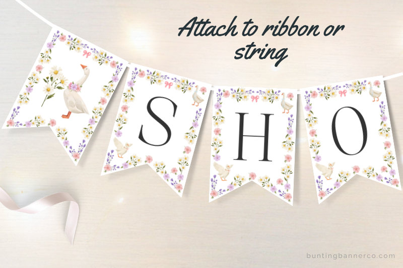 Baby shower bunting flags with watercolor geese, flowers and black letters.