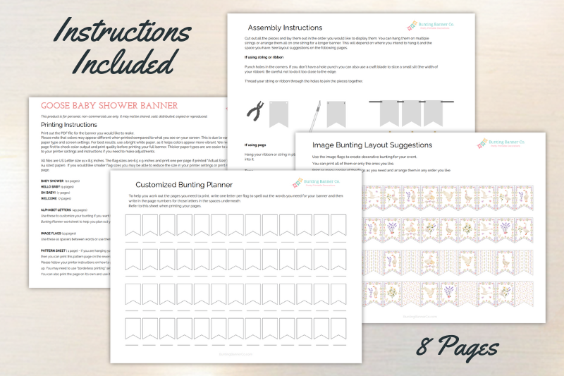 Printing and assembly instruction sheets for goose baby shower banner with bunting planner worksheet and layout suggestions.