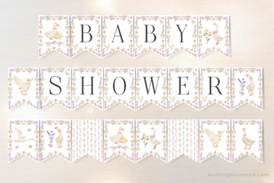 Goose themed baby shower banner flags with watercolor geese, flowers and bouquets and black serif letters.