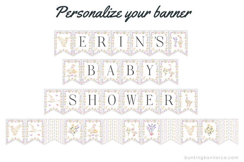 Personalized name baby shower banner with black serif font, geese and flowers with image and pattern flags.