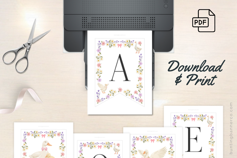 Baby shower bunting printable sheets with watercolor geese, flowers and letters ready to download, print and assemble.