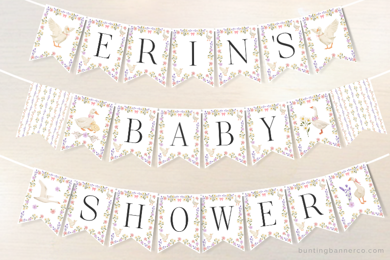Geese personalized name baby shower banner with letters and goose and flower border image flags.