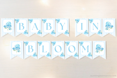 Hydrangea baby in bloom baby shower bunting banner with watercolor blue hydrangea flowers and stripes.