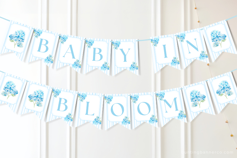 Hydrangea baby in bloom bunting banner on wall with watercolor blue hydrangea flowers and stripes.