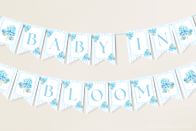 Hanging hydrangea Baby In Bloom baby shower bunting banner with watercolor blue hydrangea flowers and stripes.