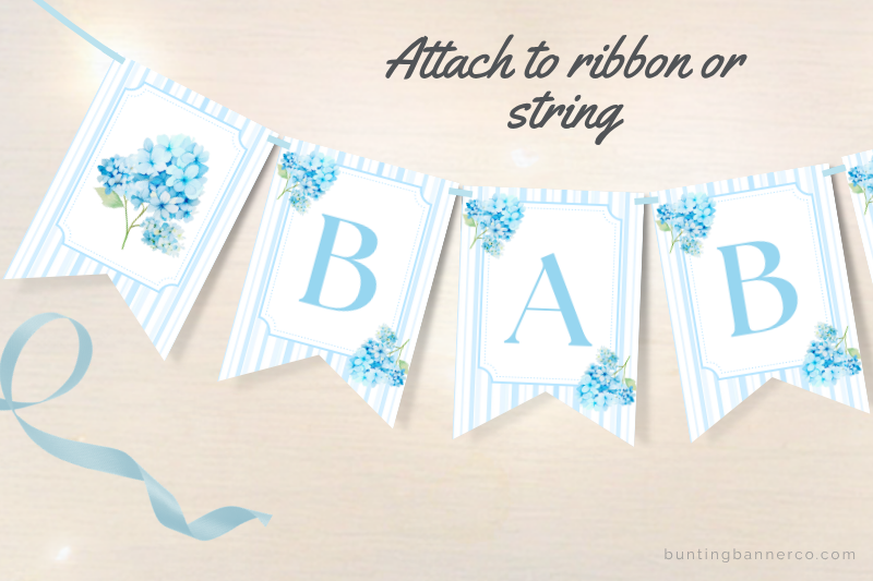 Hydrangea baby shower banner flags with watercolor blue hydrangea flowers and stripes.