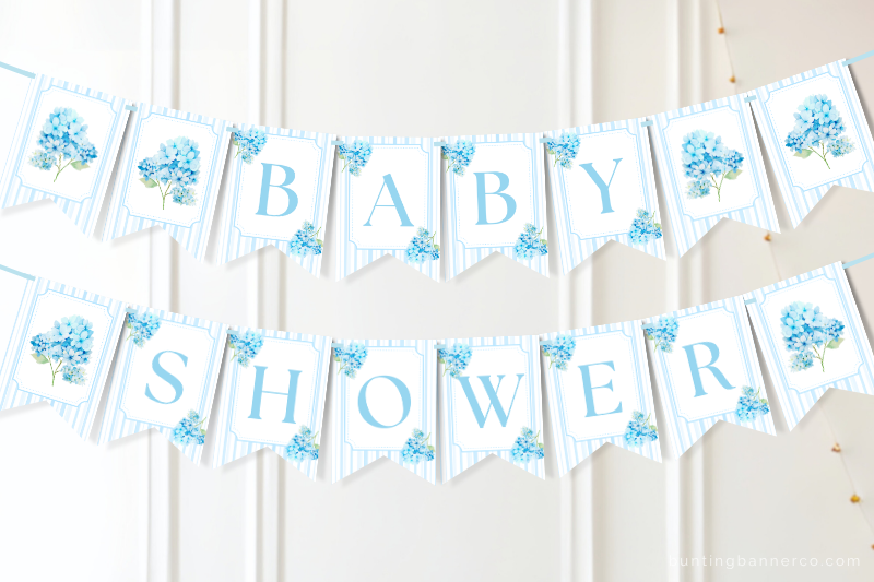 Hydrangea baby shower bunting banner on wall with watercolor blue hydrangea flowers and stripes.