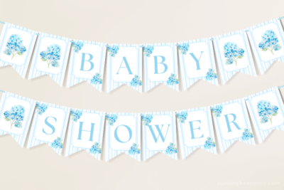 Hanging hydrangea baby shower bunting banner with watercolor blue hydrangea flowers and stripes.