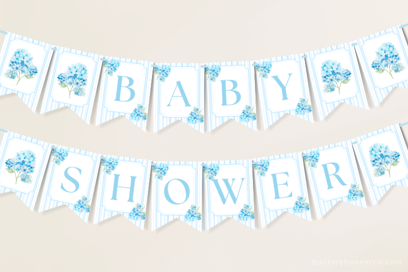 Hanging hydrangea baby shower bunting banner with watercolor blue hydrangea flowers and stripes.