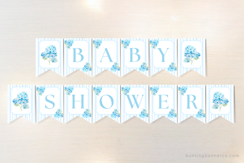 Hydrangea baby shower themed bunting banner with watercolor blue hydrangea flowers and stripes.