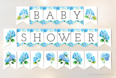 Hydrangea themed baby shower banner flags with blue hydrangea flowers and bouquets and black serif letters.