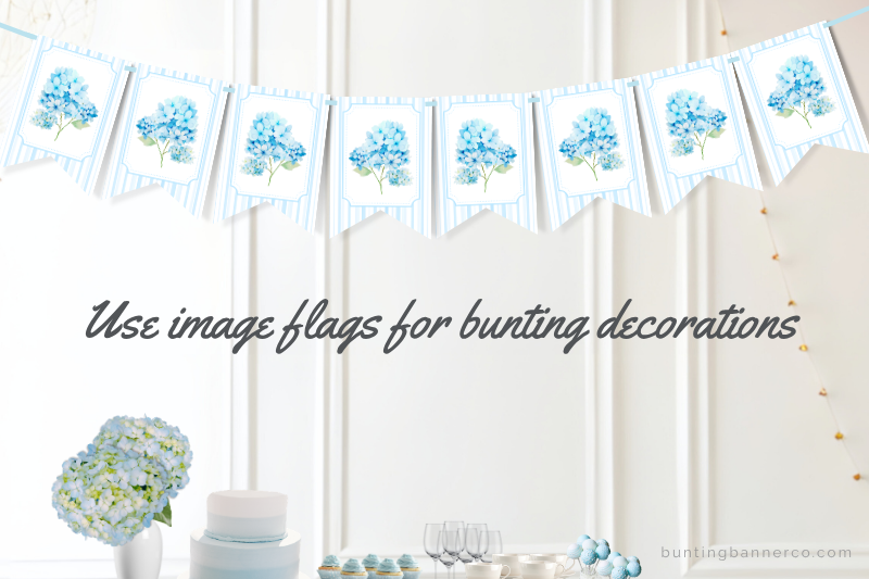 Hydrangea themed bunting with blue watercolor hydrangea flowers and stripes.