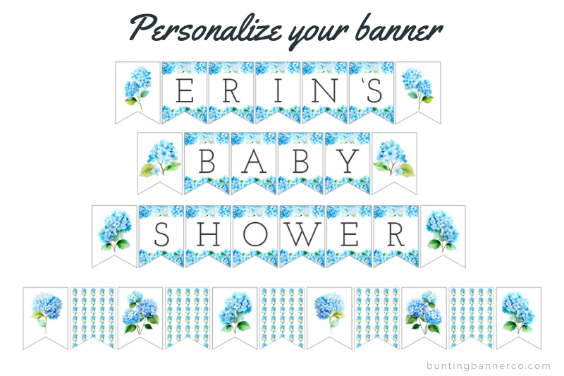 Personalized name baby shower banner with black serif font and blue hydrangea flowers with flower image flags and pattern flags.