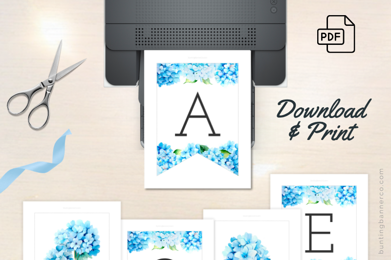 Baby shower bunting printable sheets with blue hydrangea flowers and letters ready to download, print and assemble.