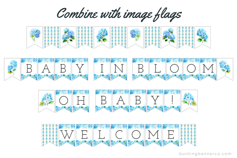 Baby in bloom, Oh baby and welcome banner signs with blue hydrangea flowers, bouquets and pattern image flags.