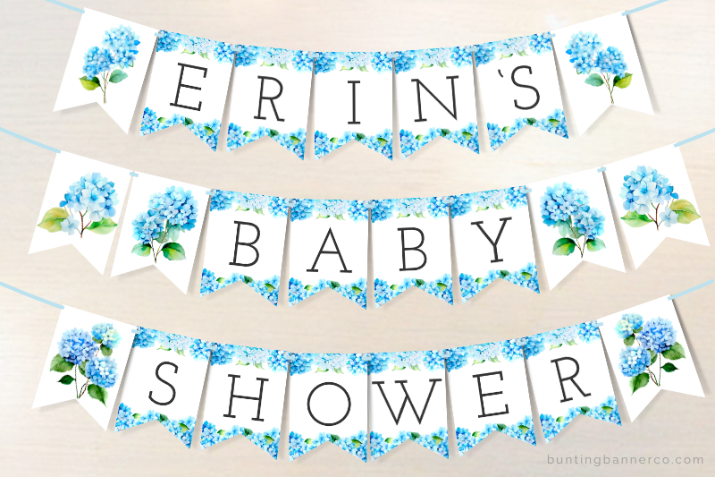 Hydrangea personalized name baby shower banner with letters and blue hydrangea image flags.