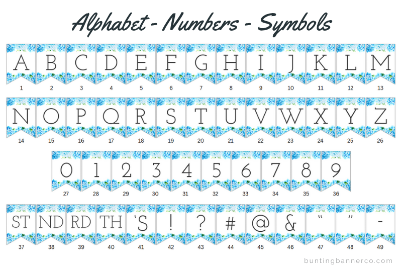 Blue hydrangea themed alphabet bunting flags with hydrangea flower borders and black serif font for use with bridal shower banner.