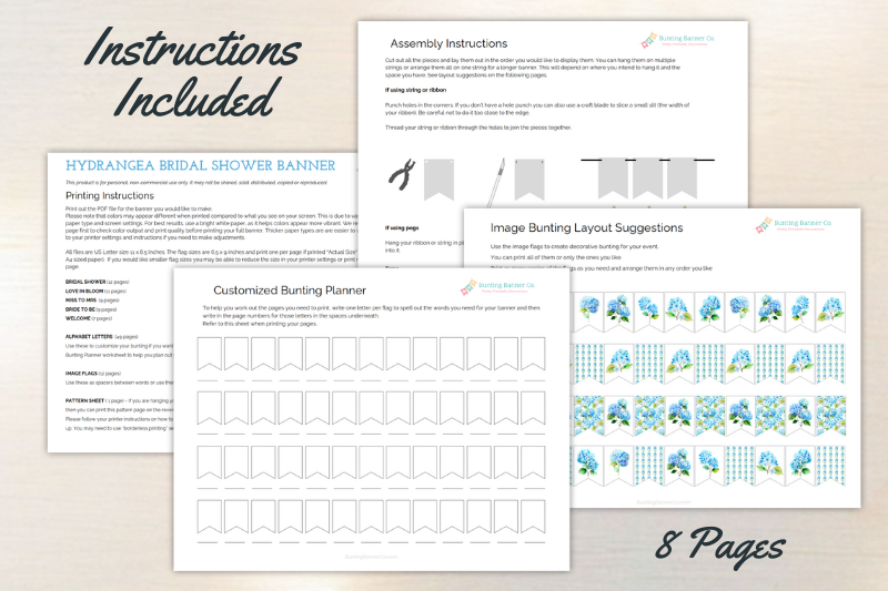 Printing and assembly instruction sheets for hydrangea bridal shower banner with bunting planner worksheet and layout suggestions.