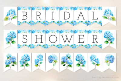 Hydrangea themed bridal shower banner flags with blue hydrangea flowers, bouquets and black serif lettering.