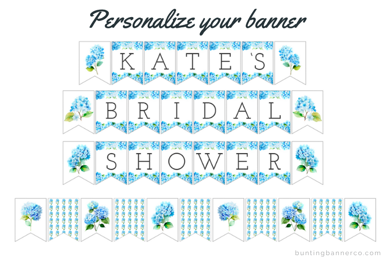 Personalized name bridal shower banner with black serif font and blue hydrangea flowers with flower image flags and pattern flags.