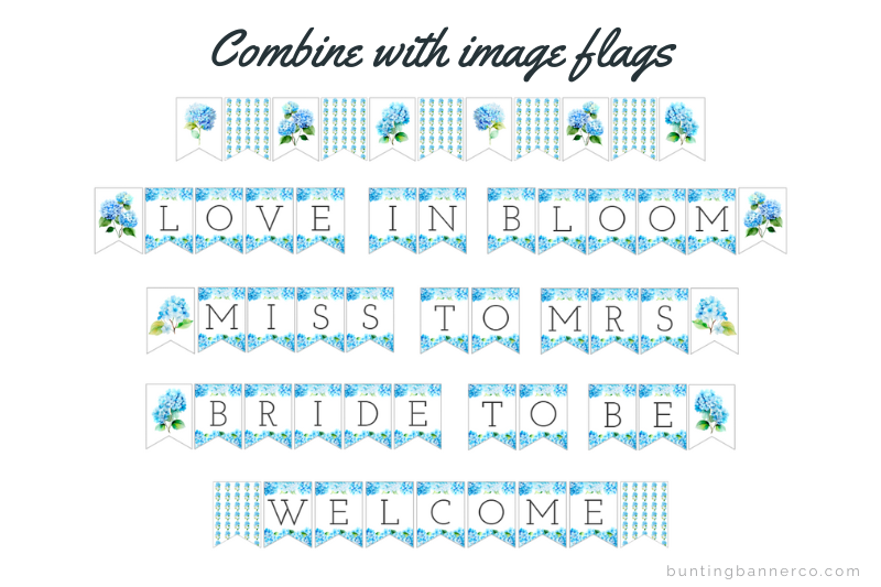 Love in bloom, miss to mrs, bride to be and welcome banners with blue hydrangea flowers, bouquet and patterns flags.