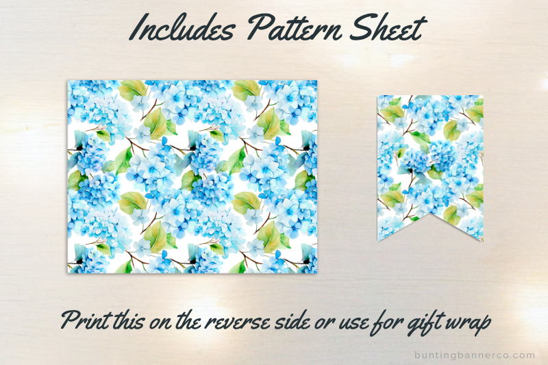 Blue hydrangea pattern sheet and bunting flag for bridal shower banner.