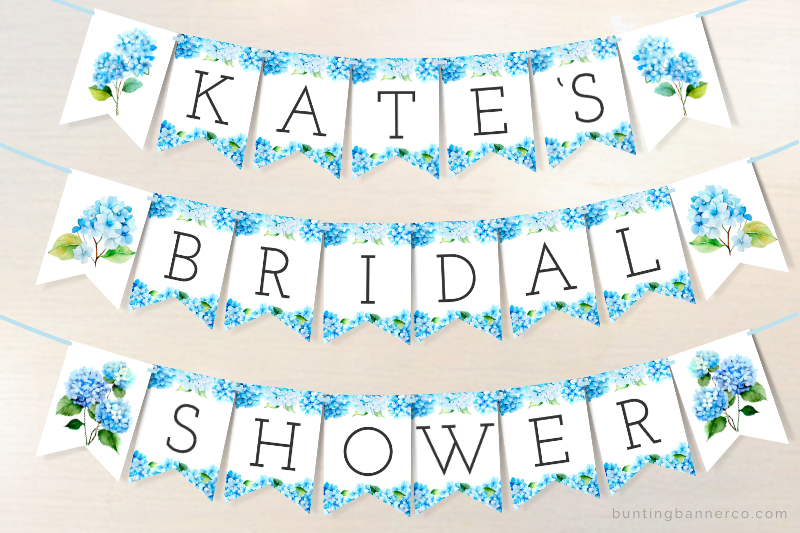 Hydrangea personalized name bridal shower banner with letters and blue hydrangea image flags.