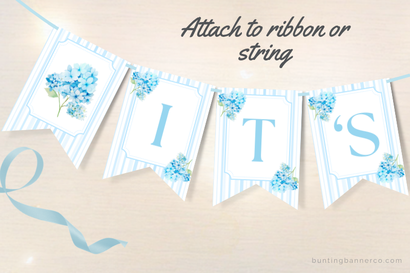 Blue hydrangea It's A Boy baby shower banner flags with watercolor hydrangea flowers and stripes.