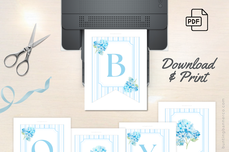 Blue hydrangea It's A Boy baby shower banner printable pages with watercolor hydrangeas, stripes and blue letters.