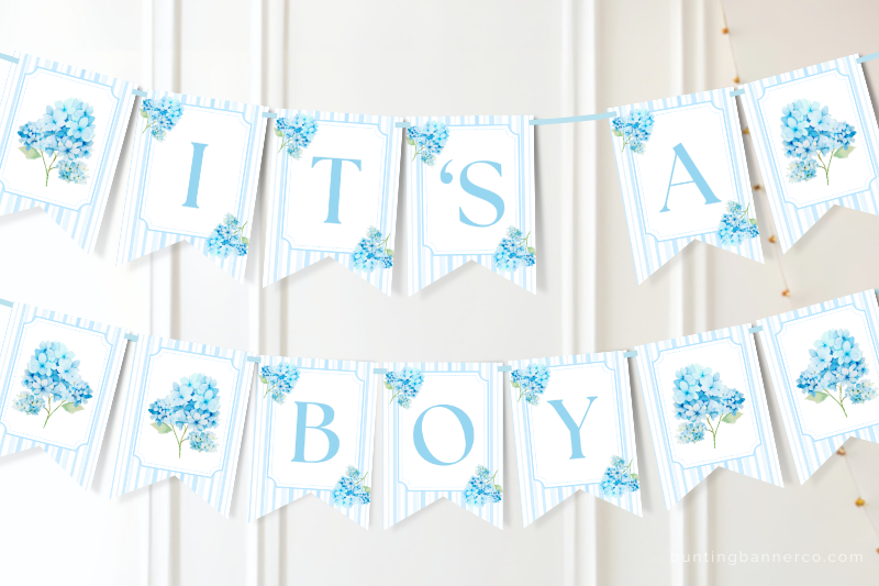 Hydrangea It's A boy baby shower bunting banner on wall with watercolor blue hydrangea flowers and stripes.