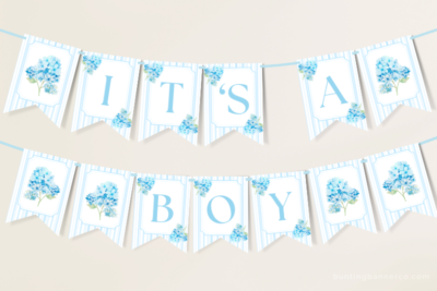 Hanging hydrangea It's A boy baby shower bunting banner with watercolor blue hydrangea flowers and stripes.