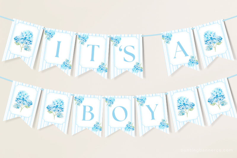 Hanging hydrangea It's A boy baby shower bunting banner with watercolor blue hydrangea flowers and stripes.
