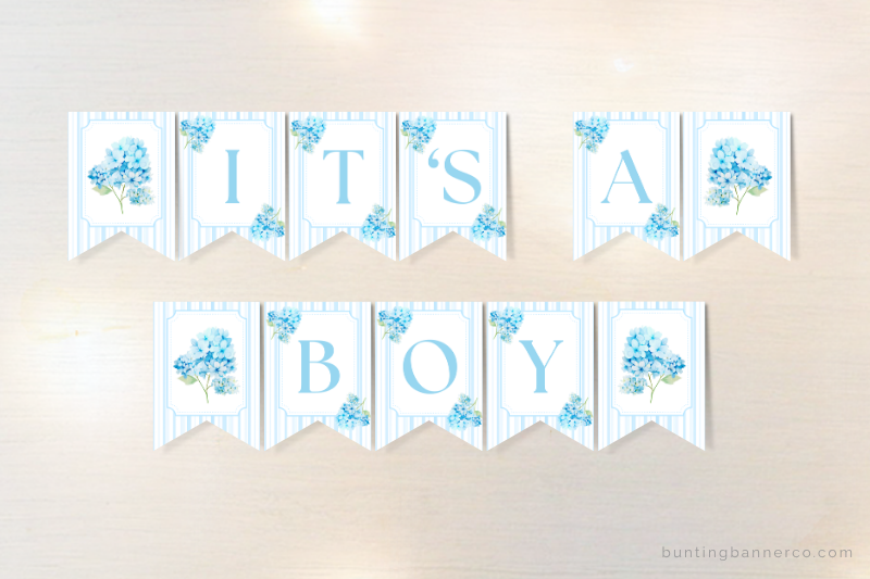 Hydrangea It's A Boy baby shower bunting banner with watercolor blue hydrangea flowers and strripes.