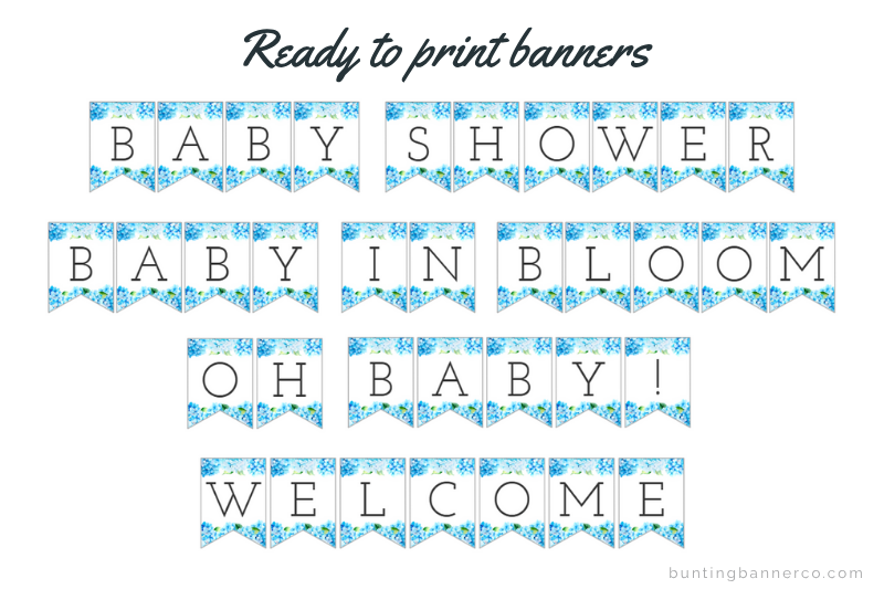 Blue hydrangea baby shower banners: baby shower, baby in bloom, Oh baby and welcome signs.