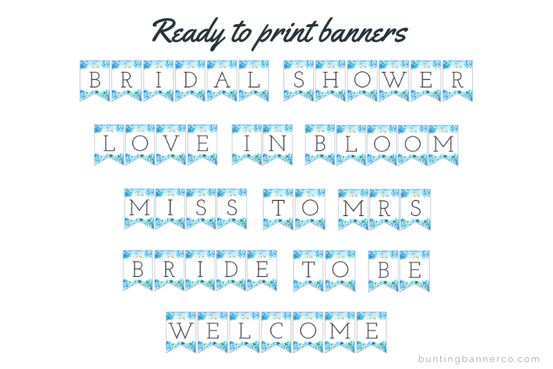 Blue hydrangea bridal shower banners: bridal shower, love in bloom, miss to mrs, bride to be and welcome signs.