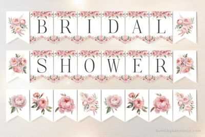 Love in bloom themed bridal shower banner flags with watercolor pink peony flowers bouquets and black serif font.