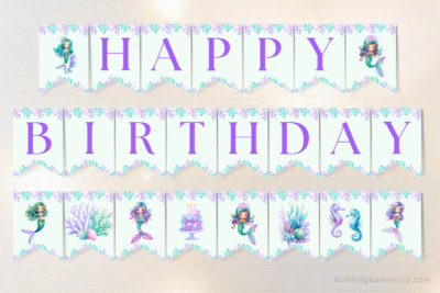 Mermaid happy birthday bunting with mermaids, seahorses, shells, coral, seaweed, under the sea birthday cake with purple happy birthday letters.