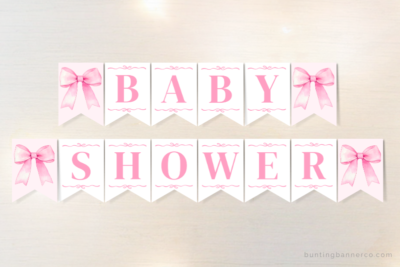 Printable pink bow baby shower themed bunting banner with cute watercolor pink bows.