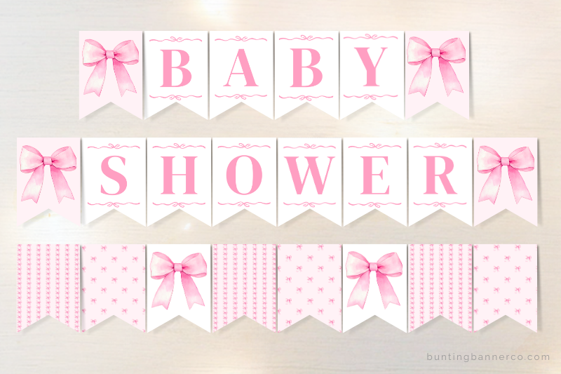 Pink bow themed baby shower banner flags with watercolor pink bows, bow patterns and pink serif letters.