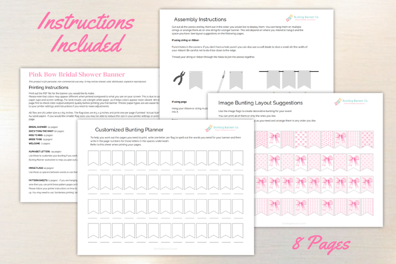 Printing and assembly instruction sheets for pink bow bridal shower banner with bunting planner worksheet and layout suggestions.