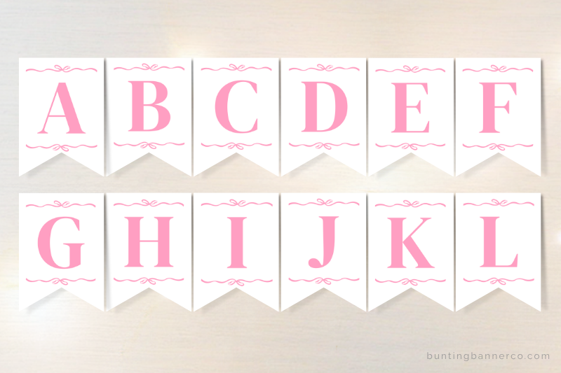 Alphabet bunting flags with pink serif font and decorative border.