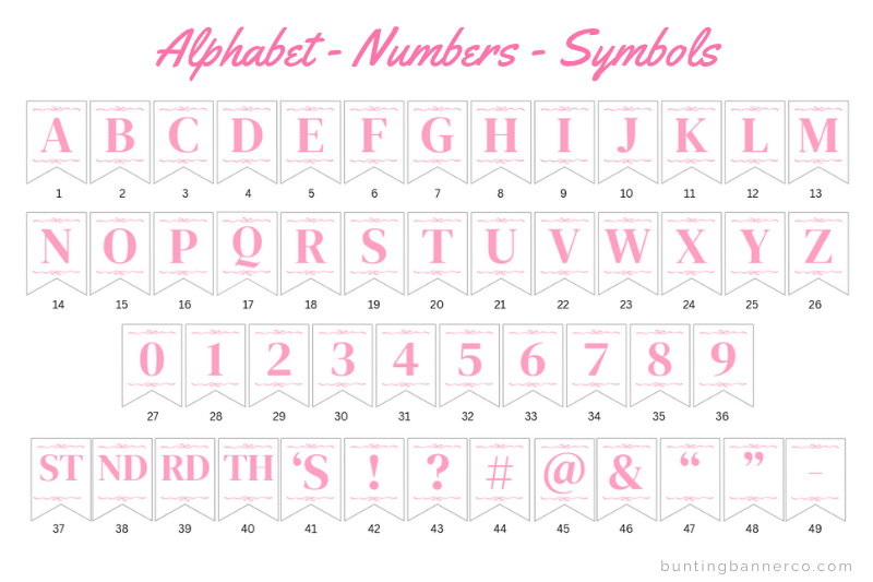 Pink themed alphabet bunting flags with pink serif font letters and decorative border.