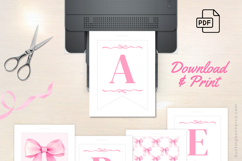 Bridal shower bunting printable sheets with pink watercolor bows and and pink letters ready to download, print and assemble.