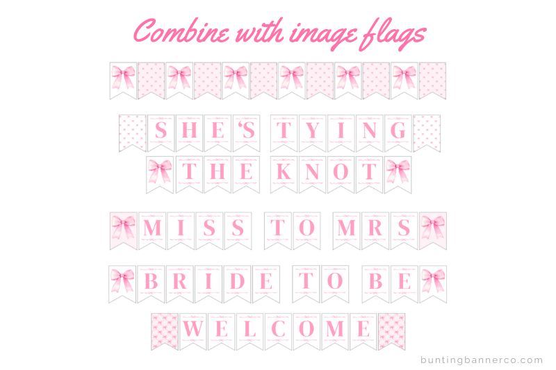 She's tying the knot, miss to mrs, bride to be and welcome banners with pink bow image and pattern flags.