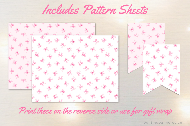 Pink bow design pattern sheets and bunting flags.
