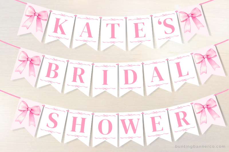 Pink bow personalized name bridal shower banner with pink letters and watercolor pink bow image flags.
